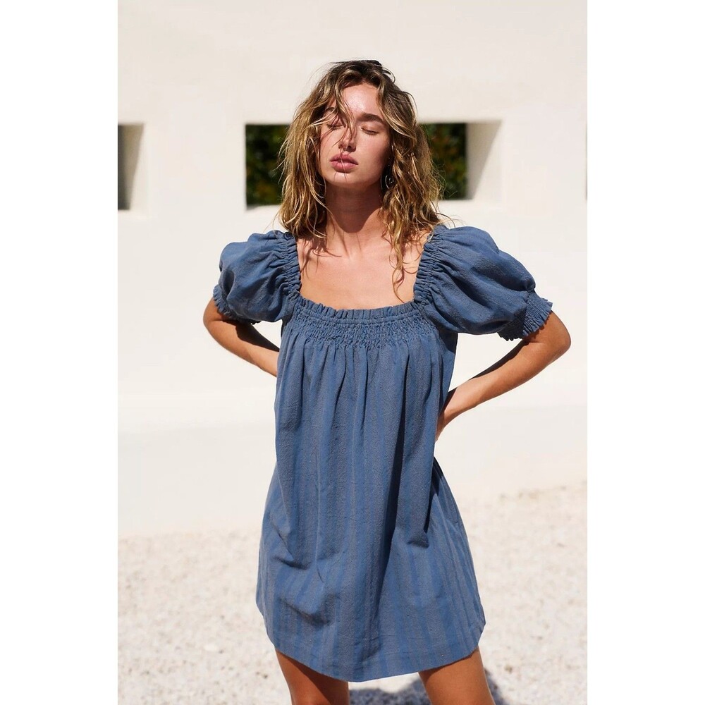 Free People Free Est Mila Mini Dress Smocked Puff Sleeves Stripe Print XS 288463